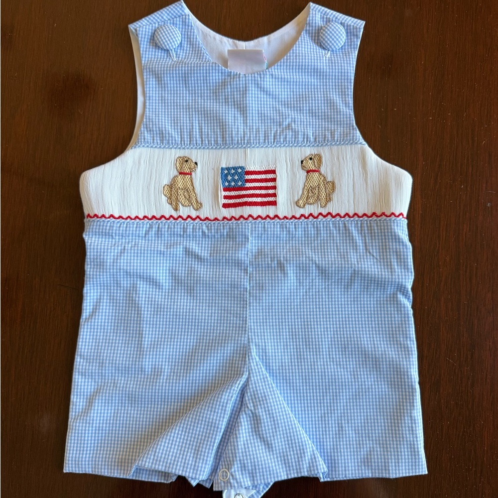 Stitchy Fish Blue and White Jon Jon with Flag and Dog Design